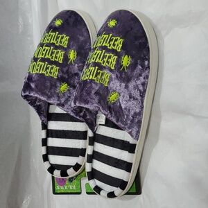 Beetlejuice purple velour black white stripe indoor outdoor slippers size XL new
